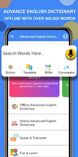 Advanced English Dictionary app home screen showing search bar, quick access buttons for Dictionary, Translator, 5000+ words, and Conversation features plus menu options for offline and online dictionary access.