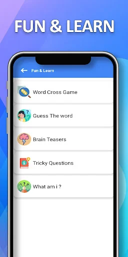 Fun & Learn educational games menu featuring Word Cross Game, Guess The Word, Brain Teasers, Tricky Questions, and What Am I interactive learning games for vocabulary building.