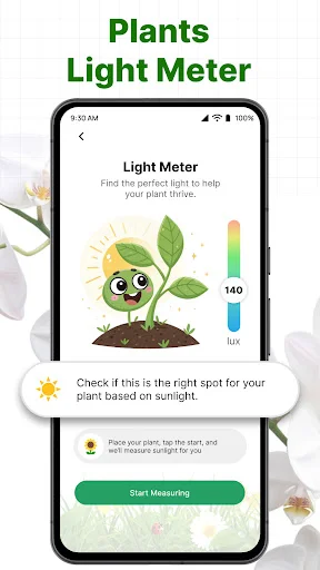 ePlant light meter tool measuring 140 lux to determine optimal sunlight conditions for plant growth and health