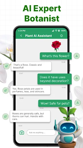 ePlant AI Expert Botanist chatbot interface showing conversation with plant assistant answering questions about flowers and plant care recommendations