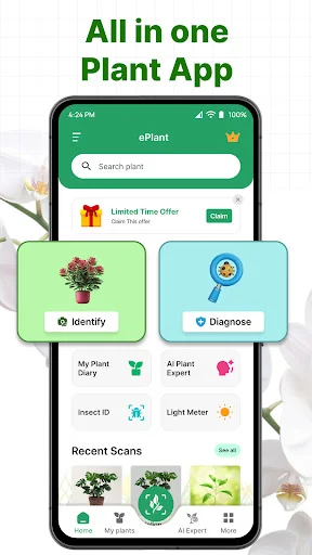 ePlant dashboard featuring Identify and Diagnose buttons, My Plant Diary, AI Plant Expert, Insect ID, Light Meter tools, and recent plant scans