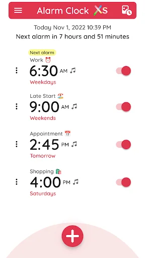 Alarm Clock app main screen showing multiple alarms with times, labels, and toggle switches, plus add button