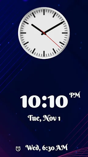 Night clock mode displaying analog clock face with large digital time 10:10 PM and next alarm notification