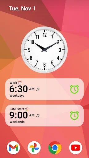 Home screen alarm widget showing analog clock and two upcoming alarms for work and late start schedules