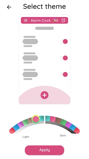 Theme customization screen with light to dark mode slider and preview of alarm interface design