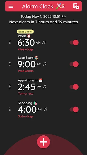 Alarm Clock main screen in dark theme with multiple scheduled alarms and custom labels displayed