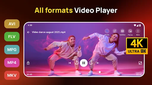 All Video Player supporting AVI, FLV, MPG, MP4, MKV formats with 4K Ultra HD playback and media controls