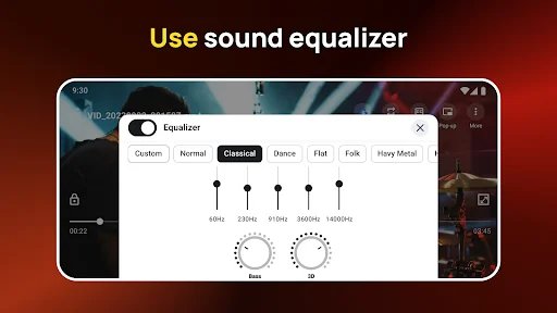 Audio equalizer with 5-band frequency controls and presets including Classical, Dance, Flat, Folk, Heavy Metal