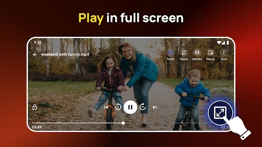 Full screen video playback mode in media player showing family video with fullscreen toggle button