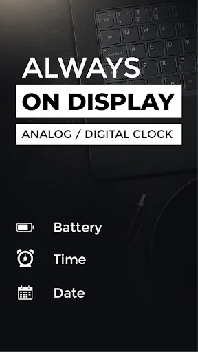 Always on Display app main screen showing battery, time, and date features with analog/digital clock options