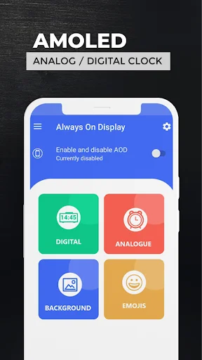 Main menu of AMOLED clock app with options for digital, analogue, background, and emoji customization