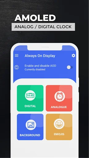 Main menu of AMOLED clock app with options for digital, analogue, background, and emoji customization