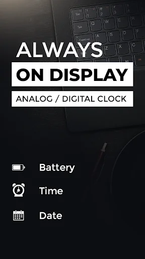 Always on Display app main screen showing battery, time, and date features with analog/digital clock options
