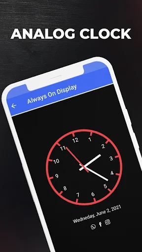 Analog clock display on AMOLED screen with red clock hands showing time on black background for battery saving