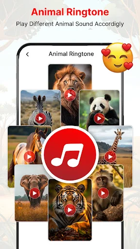 Animal ringtone app interface showing grid of animal photos with music note icon for setting custom ringtones.