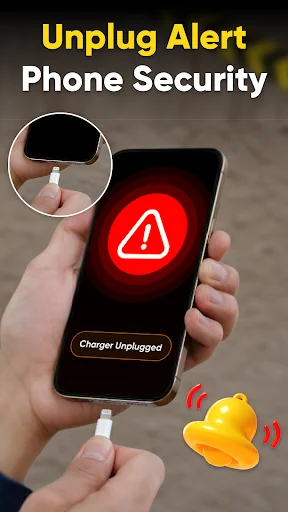 Smartphone displaying red warning triangle with charger unplugged alert and yellow alarm bells - phone security protection