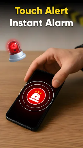 Hand touching smartphone screen with red concentric circle alarm icon - instant anti-theft touch alert activation feature