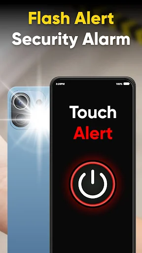 Blue smartphone showing Touch Alert interface with red power button icon - flash alert security alarm feature