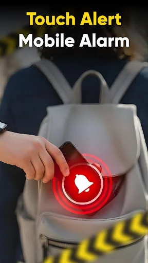 Touch alert mobile alarm app showing red alarm button with glow effect for theft prevention on backpack