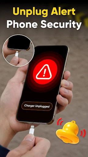 Phone security unplug alert feature displaying red warning icon when charger is disconnected from device