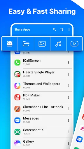 Share Apps APK interface showing list of installed apps ready for backup and sharing with file size details
