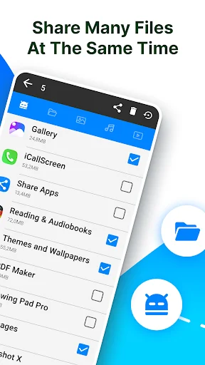 Multiple app selection screen for batch sharing and transferring APK files to other devices simultaneously