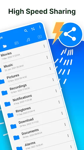 High speed file sharing interface showing organized folders including music, pictures, documents, and downloads