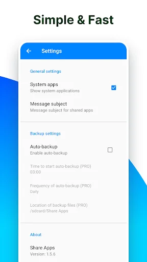 Settings screen for APK backup app with auto-backup options, system apps toggle, and backup configuration