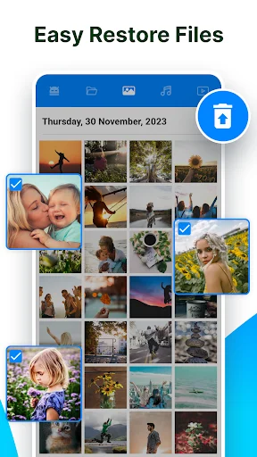 Photo gallery restore interface with selectable images from backup dated November 30, 2023 with restore icon