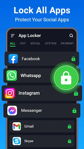App Lock main screen showing locked social media apps including Facebook, WhatsApp, Instagram with lock icons