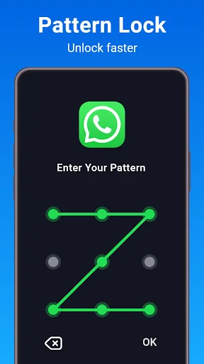 Pattern lock screen for WhatsApp showing unlock pattern grid with connected dots for app security