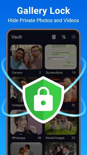 Gallery lock vault interface displaying protected photo and video folders with security shield icon