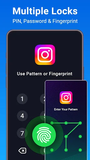 Multiple lock options screen showing Instagram with PIN, pattern, and fingerprint unlock methods