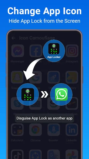 Icon camouflage feature showing App Lock disguised as WhatsApp to hide app locker from screen