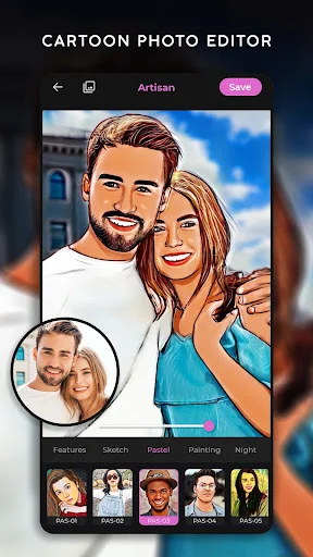 Cartoon photo editor app showing couple transformed into cartoon art with filter options and before/after comparison