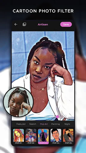 Cartoon photo filter app screen showing before and after comparison of woman's portrait with cartoon effect applied