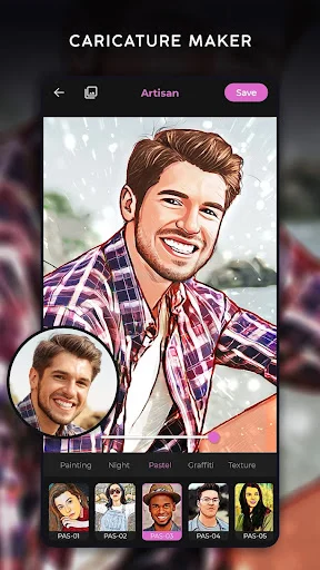 Caricature maker screen showing man's portrait transformed into smiling cartoon caricature with artistic rendering