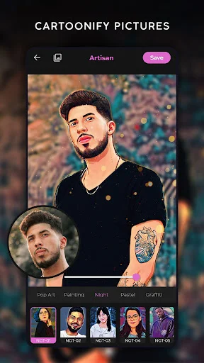 Cartoonify pictures screen showing male portrait transformed into cartoon with Pop Art, Painting, and Night filters