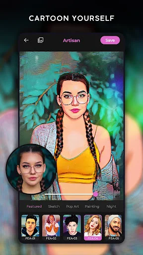 Cartoon yourself feature showing woman with braids transformed into artistic cartoon with colorful background effects