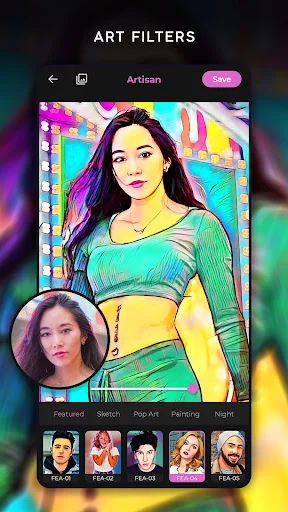 Art filters screen displaying woman's photo with vibrant cartoon filter and decorative frame border effect applied