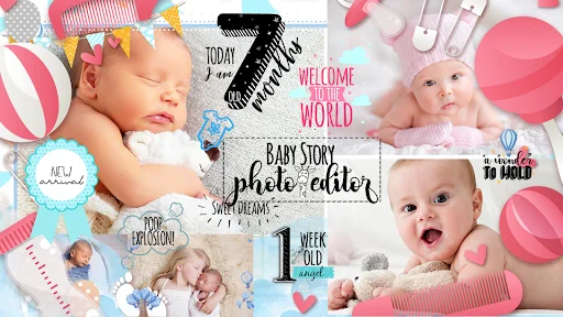 Baby Story Photo Editor app collage showcasing milestone templates, stickers, and newborn photo editing features