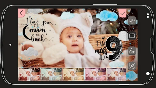 Baby photo editor interface with 9-month milestone sticker, quote overlays, and filter options in mobile view