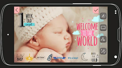 Newborn photo editing screen with welcome stickers, age markers, and baby-themed decorative elements