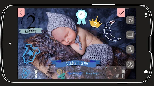 Baby milestone editor showing 2-week photo with customizable text, stickers, and themed decorations
