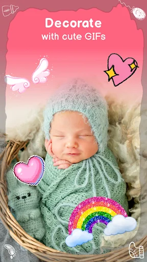 Decorate with cute GIFs - Newborn decorated with animated rainbow, hearts, angel wings, and star GIF stickers