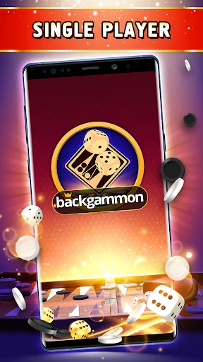 Single player backgammon game splash screen with dice logo and animated game pieces on mobile phone