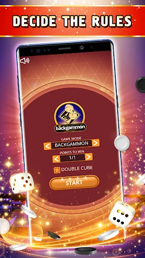 Backgammon game setup menu showing rule options, points to win, double cube setting, and start button
