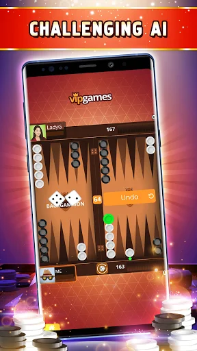 Backgammon board gameplay with AI opponent showing dice, checkers, and triangular points in offline mode