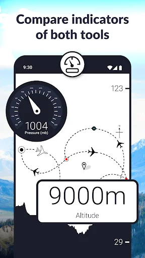 Barometer and altimeter comparison view displaying 1004mb pressure and 9000m altitude with flight path tracking
