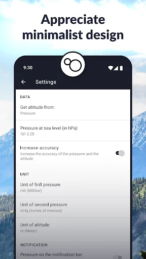 Settings menu for barometer altimeter app with pressure units, altitude data source, and accuracy configuration options